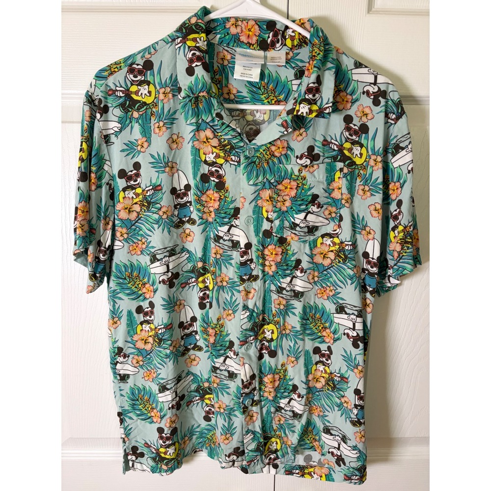 Disney Mickey Mouse Tropical Aloha Shirt Mens Small Blue Mad Engine Rayon Floral - Picture 2 of 6